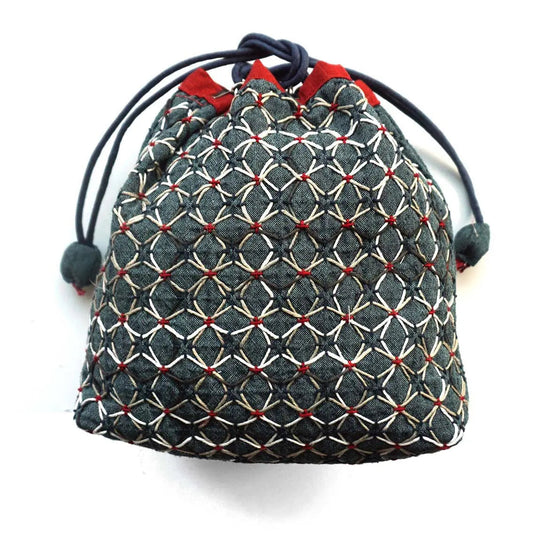 Drawstring Bag with KOKI Weaving Sashiko Hydrangea Full Kit Blue