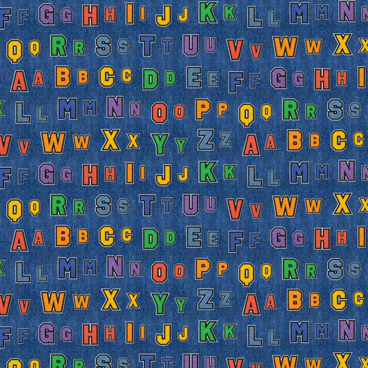 Blue Patch Perfect Alphabet Rows Cotton 43"/44" Fabric Per Yard