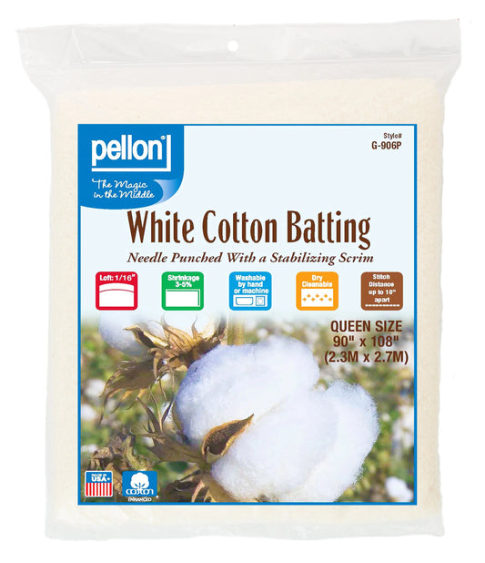 Pellon® White Cotton Batting With Scrim  90" x 108" Queen Size Package.